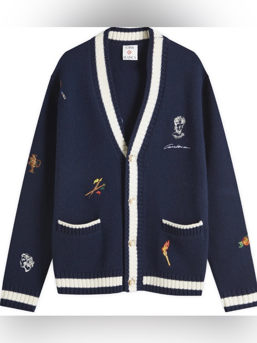Casablanca Embroidered Cardigan in Navy/White Merino Wool Cashmere Unisex NWT